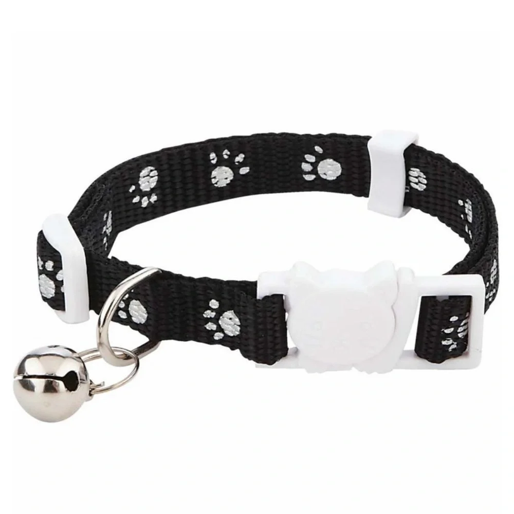 Cat Collar Reflective Adjustable Paw Print Breakaway Clasp Bell Black White 8-12